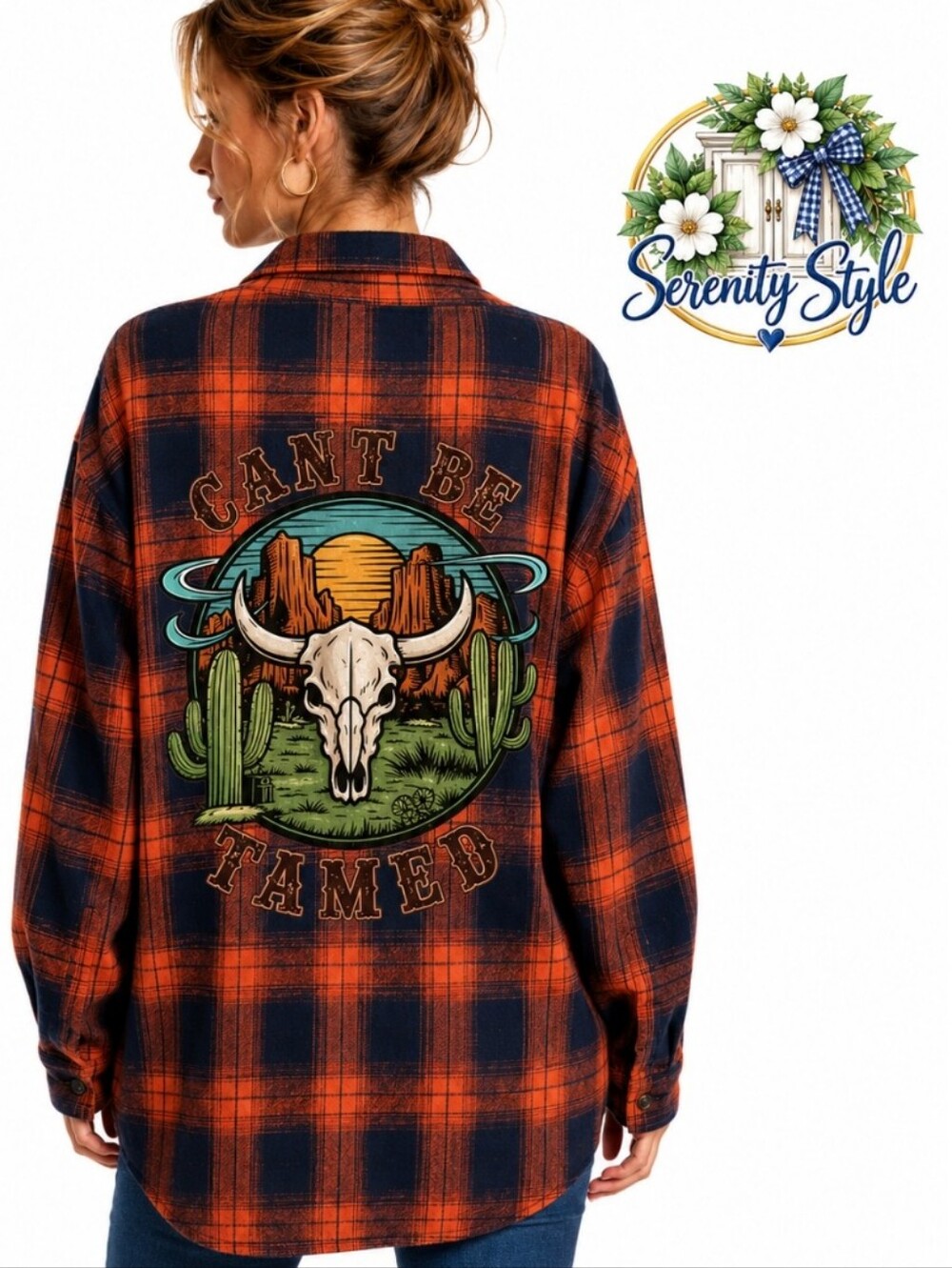 Orange Navy Plaid Flannel Western Bull Skull Graphic Button Down Shacket Top